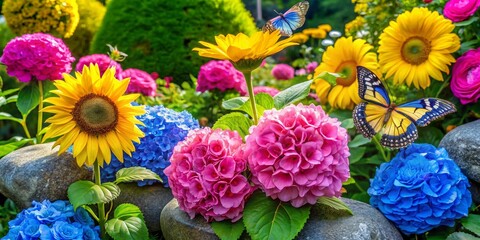 Vibrant garden scene featuring colorful flowers, butterflies, and lush greenery, ideal for nature and floral themes.