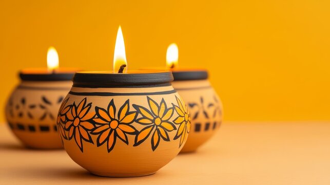 Handpainted Indian pots filled with marigold flowers and lit diyas, Diwali decoration, cultural craft