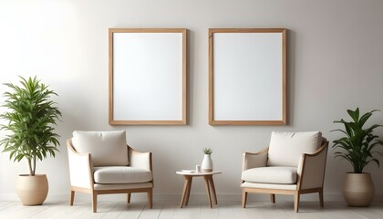 Two wooden framed blank canvases hanging on a white wall above two beige armchairs and a small wooden table.