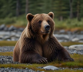 Fototapeta premium Brown bear laying down and raising his paw in Alaska ai generate