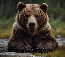 Obraz premium Brown bear laying down and raising his paw in Alaska ai generate