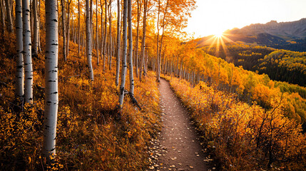 Obraz premium A narrow trail winds through forest of golden aspen trees, illuminated by warm glow of setting sun. scene evokes sense of tranquility and natural beauty.