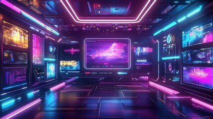 Obraz premium Neon-themed interface for a live conference featuring esports players, with a sleek HUD frame, streaming media overlays, and a vibrant, futuristic design for video screens and webcam boxes