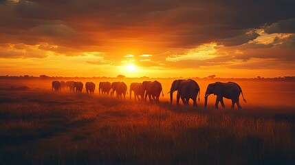 Fototapeta premium A herd of wild elephants crossing a savannah at sunset.