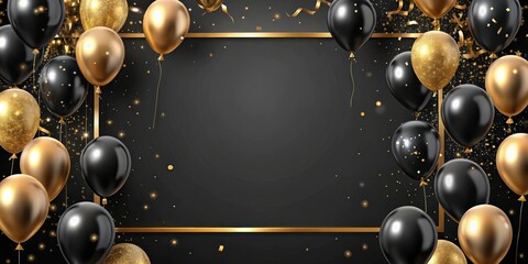 Obraz premium Birthday frame with golden and black balloons, confetti blank frame on golden balloons and golden confetti with black background