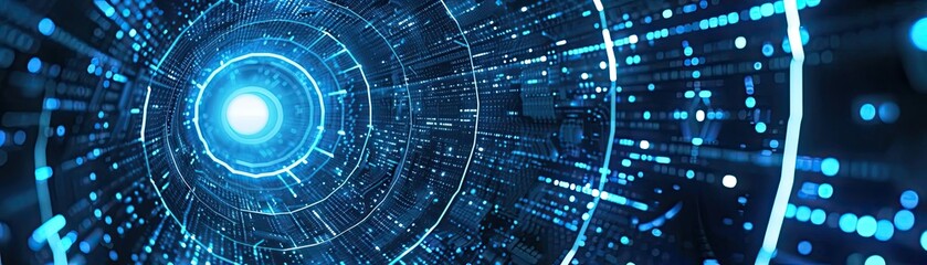 Obraz premium A mesmerizing digital tunnel glowing with blue light, symbolizing technology, speed, and the future of innovation.