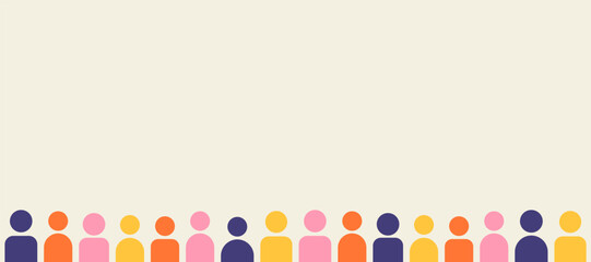 Social diversity horizontal banner, color minimalism silhouettes of people on the light background, slide template with copy space