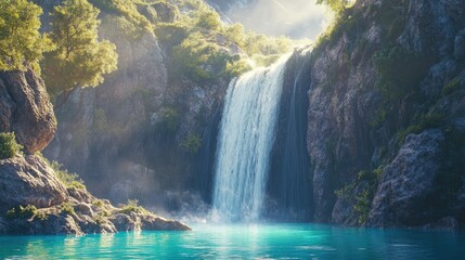 A majestic waterfall cascading down a steep cliff into a turquoise pool below.