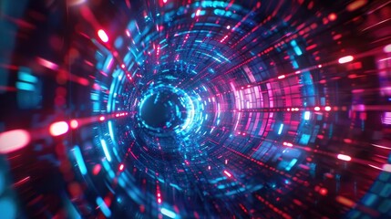 Fototapeta premium A vibrant, dynamic tunnel of light showcasing intricate patterns and glowing colors, ideal for futuristic and technology themes.