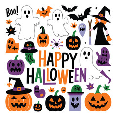 Halloween design hand-drawn set for stickers, posters, party invitations, gift or greeting cards, Handwritten lettering, cartoon doodles,