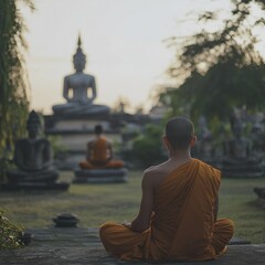 A monk meditating in the peaceful surroundings of Wat Pho, with ancient statues and structures in the background.