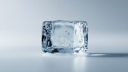 A single ice cube captured mid-fall, isolated against a white background, showcasing its clear,