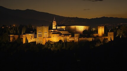 A night view of the Alhambra, with the palace and its surroundings softly illuminated.