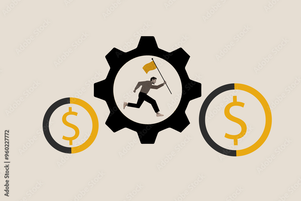 Poster composite artwork collage image picture of mini guy run flag inside cogwheel isolated on creative ba