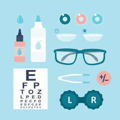 Set of tools and elements of ophthalmology. Medical eyecare items set and glasses on table, top view. Eyesight correction symbols collection. Contact lenses,