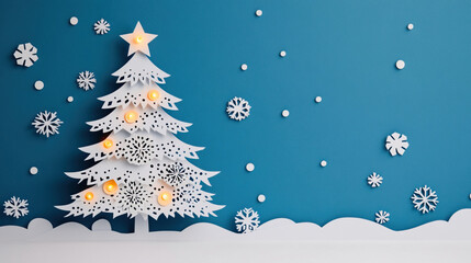 A beautiful paper cut Christmas tree against a blue background, accented with snowflakes and decorative lights for festive cheer.