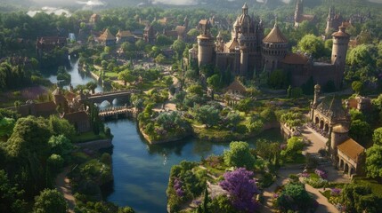 Fototapeta premium A panoramic view of a historic castle surrounded by lush gardens and a moat.