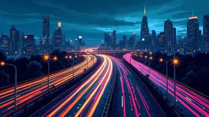 Fototapeta premium Urban Landscape with Complex Highway System and Neon Trails