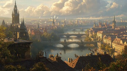 A panoramic view of a historic European city with a river, bridges, and old architecture.