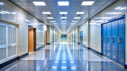 Long corridor in school building with modern furniture and bright lighting