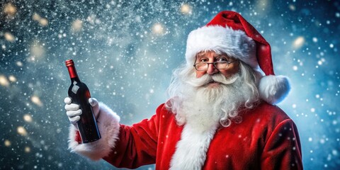 Santa Claus holding a wine bottle with a snow effect in the background, perfect for Christmas celebrations