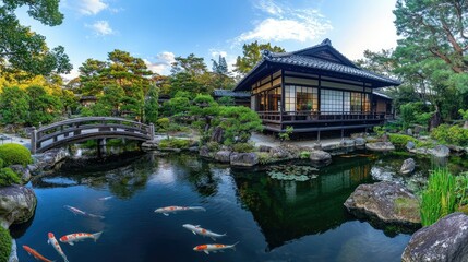 Naklejka premium A panoramic view of a traditional Japanese tea garden with a stone bridge and koi pond.