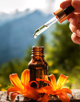 Flowers Alpine Lily orange, Lilium parvum flower, Californian Floral, Flowers, Water, Essence hand holding glass pipette,drop essence falling, nature, sun