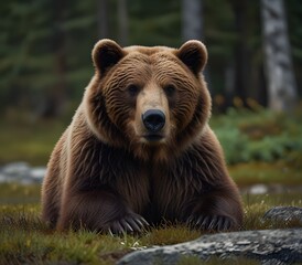 Fototapeta premium Brown bear laying down and raising his paw in Alaska ai generate