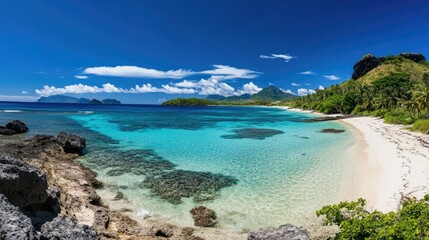 Obraz premium A panoramic view of a tropical beach on the Mamanuca Islands with clear blue skies.
