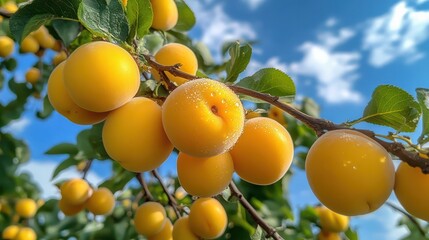 A bunch of ripe peaches hanging from a tree. The peaches are yellow and shiny. The sky is blue and clear. Generative AI