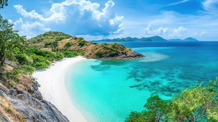 Fototapeta premium A panoramic view of a tropical island with white sandy beaches and turquoise waters.