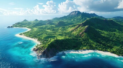 Fototapeta premium A panoramic view of a tropical island with lush green hills, sandy beaches, and turquoise waters.