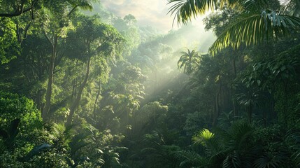 A panoramic view of a tropical jungle with towering trees and dense foliage.