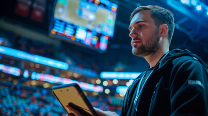 A sports analyst using tablet to track real time data during game, focused and engaged in action.