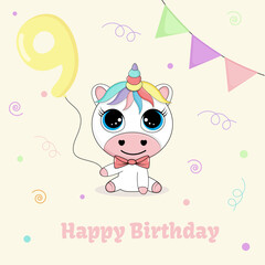 Children cute greeting card with unicorn. Magic animal kids birthday party invitation 