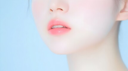 Naklejka premium Captivating Close-up of Delicate Female Facial Features with Serene Skin and Makeup