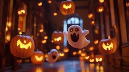 A joyful ghost floats among glowing jack-o'-lanterns inside a festive, dimly lit hallway, creating a magical Halloween atmosphere. Perfect for spooky and fun seasonal themes.