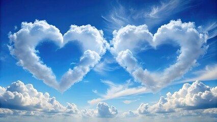 Abstract image of clouds shaped as hearts floating in a clear blue sky, representing heavenly love and romance