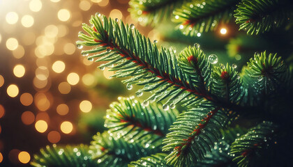 A pine tree branch with droplets of water showcasing vibrant green needles. The background features soft blurred bokeh lights in warm tones a festive atmosphere