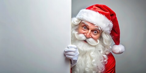 Santa Claus peeking out from behind a blank sign, ready for Christmas promotions