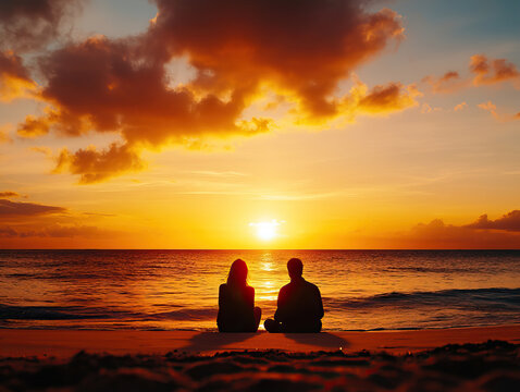 A romantic sunset view of a couple sitting on the beach, gazing at the horizon as the sun sets over the ocean, creating a serene atmosphere. - Powered by Adobe