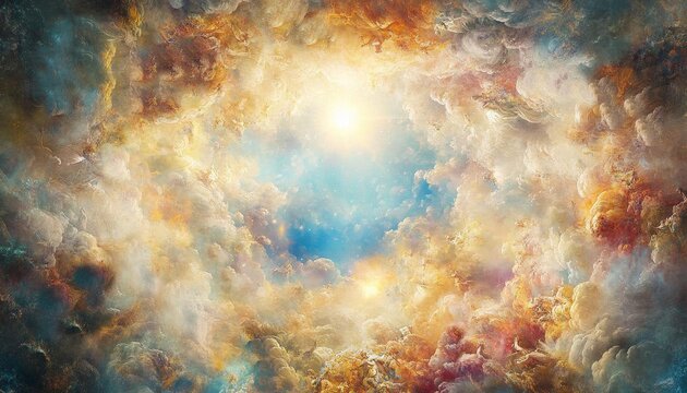 Celestial Baroque Masterpiece: Dramatic Blue Sky Ceiling Fresco with Ornate Frame. Elegant Trompe l'Oeil Mural Depicting Heavenly Figures in Azure Expanse. Cultural Icon of Faith and Inclusivity, Perf