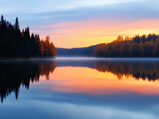 Fototapeta premium A serene lake at sunset, reflecting vibrant colors of orange and blue, surrounded by autumn trees and tranquil nature.