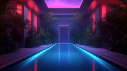 Fototapeta premium A serene indoor pool surrounded by lush plants and illuminated by soft, colorful lights, creating a tranquil atmosphere.