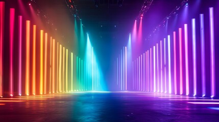 Vibrant Pulsating Rainbow Lights in Vertical Stage Setup for Modern Backdrop
