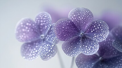 Two purple flowers with droplets of water on them. Generative AI