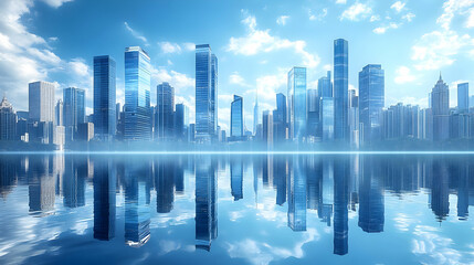 Fototapeta premium A modern city skyline reflected in calm water under a blue sky.