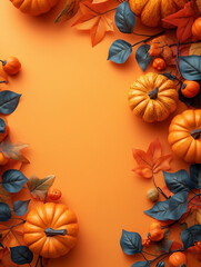 A vibrant display features a variety of pumpkins and colorful leaves arranged artistically against an orange backdrop, embodying the essence of autumn. Space for copy.