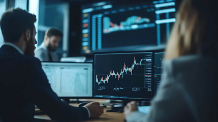 Business professionals analyze stock market data on multiple screens, showcasing financial trends and growth.