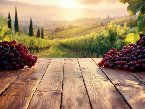 Clusters of ripe grapes rest on a rustic wooden table overlooking a sprawling vineyard as the sun sets, illuminating the serene landscape of hills and rows of vines. Space for product ading.